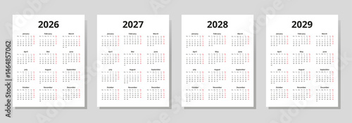2026, 2027, 2028, 2029 years calendar template set. week starts monday, simple design with red sundays, editable vector