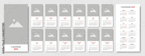 Wall calender 2026 with space for image plus yearly calender of 2027, week starting monday. Fully editable.