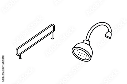 Isometric view of modern shower head and bathroom safety railing illustration
