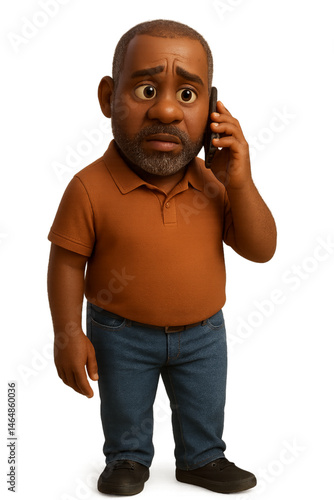 Animated man talking on phone with a concerned expression  