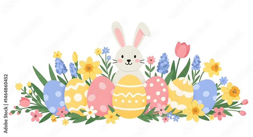 Obraz premium Easter Eggs and Bunny with Spring Flowers Illustration