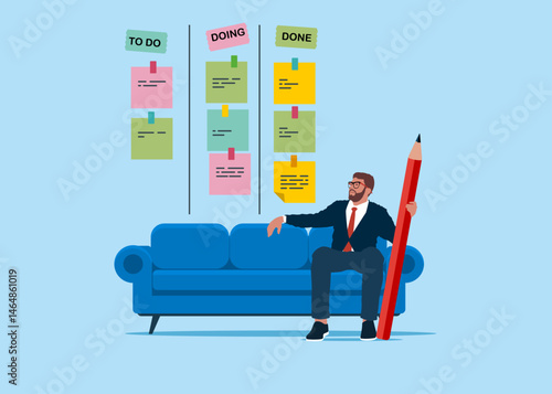 Businessman review project progress on work board while comfortably sitting on a couch. Todo list, in progress task and finished one, project management or planning for production. Vector