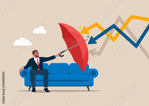 Businessman holding umbrella to cover and protect from downturn arrow while comfortably sitting on a couch.  Business resilient to survive difficulty. Business corporate of success. Modern flat vector
