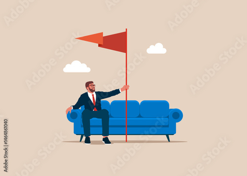 Businessman with flag while comfortably sitting on a couch. Business corporate of success. Modern flat vector illustration.