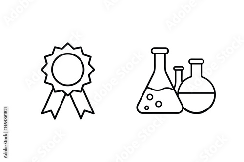 Outline illustration of a reward badge and chemical flasks representing scientific achievement