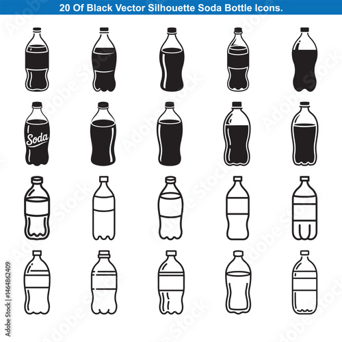 Twenty Black Soda Bottle Icons Silhouette vector collection.