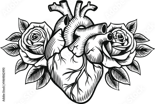 Detailed engraved drawing of an anatomical human heart with blooming roses and leaves in Victorian medical and gothic etching style

