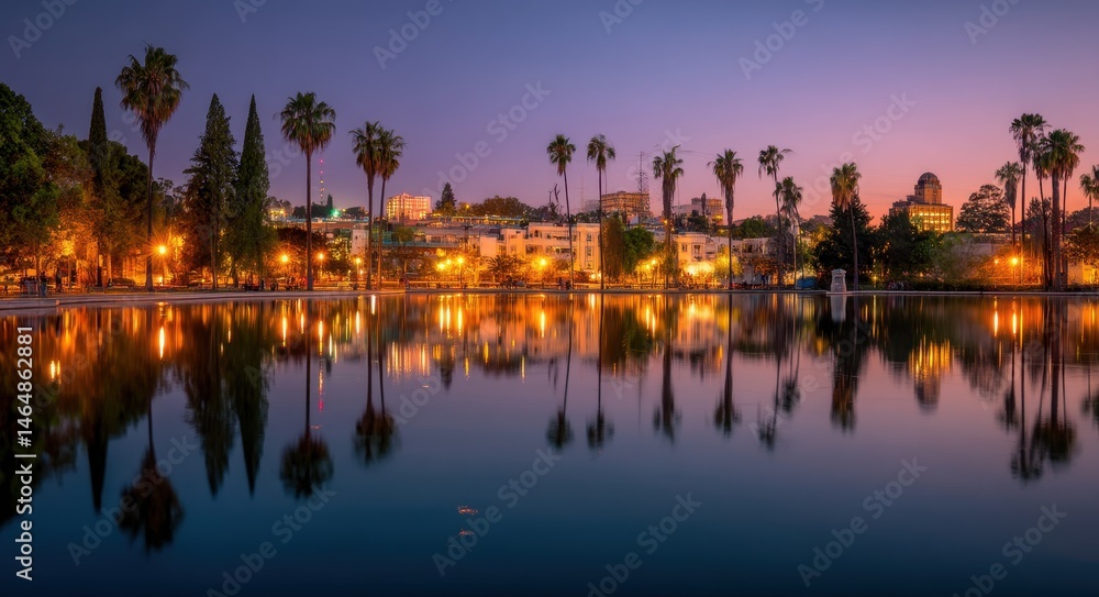 Naklejka premium Sunset Over Echo Park Lake: A Stunning Reflection of Downtown Los Angeles and Hollywood in Long Exposure