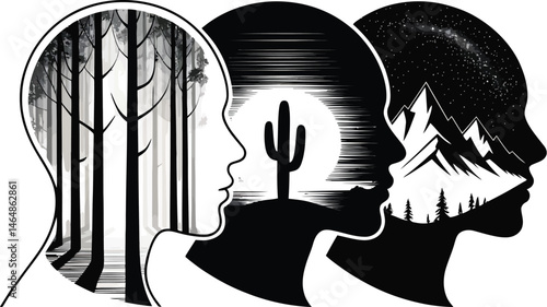 Surreal Double Exposure Silhouette – Desert, Forest, and Mountain Elements in Moody Black and White