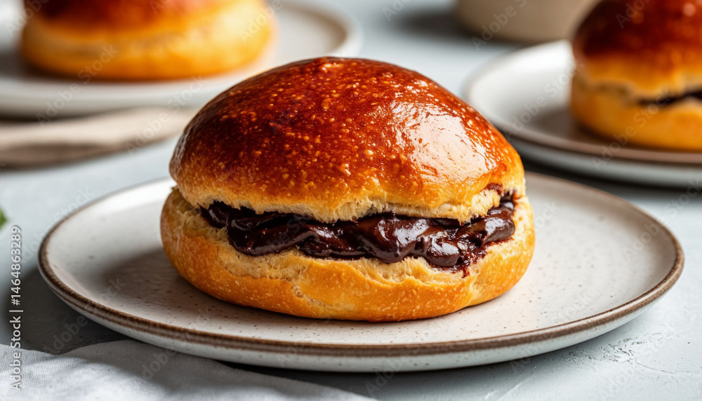 Sweet brioche bun with chocolate filling, on the table, on a light background, professional photography, AI Generated. Sweet brioche bun with chocolate filling, on the table, on a light background, professional photography, AI Generated.