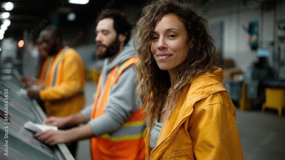 Fototapeta premium Diverse group of warehouse workers wearing safety vests, working at conveyor belt in industrial setting