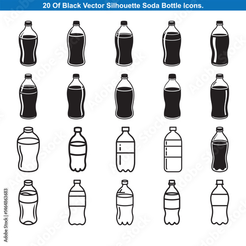 Twenty Black Soda Bottle Icons Silhouette vector collection.