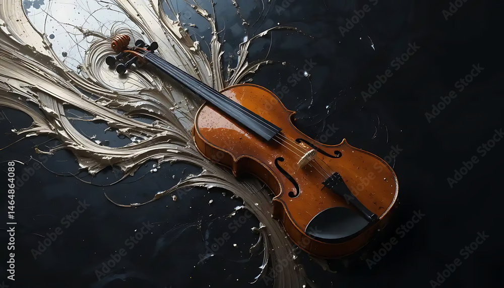 Fototapeta premium A violin partially melting into abstract metallic brush strokes with subtle reflections on a dark studio backdrop