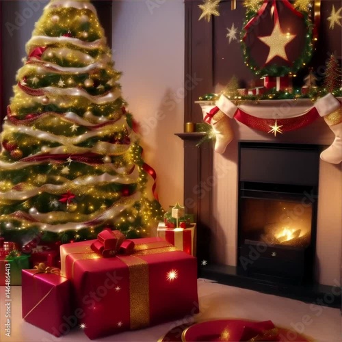 Glitter Falling Softly on Christmas Tree with Warm Lights and Cozy Fireplace