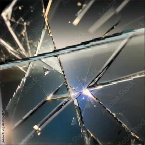 Close-Up of Broken Mirror with Sharp, Irregular Cracks Spreading Across the Surface