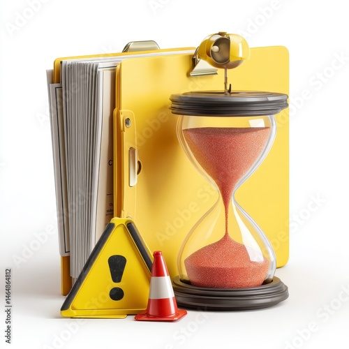 Yellow Folder with Hourglass and Caution Cone on White Background