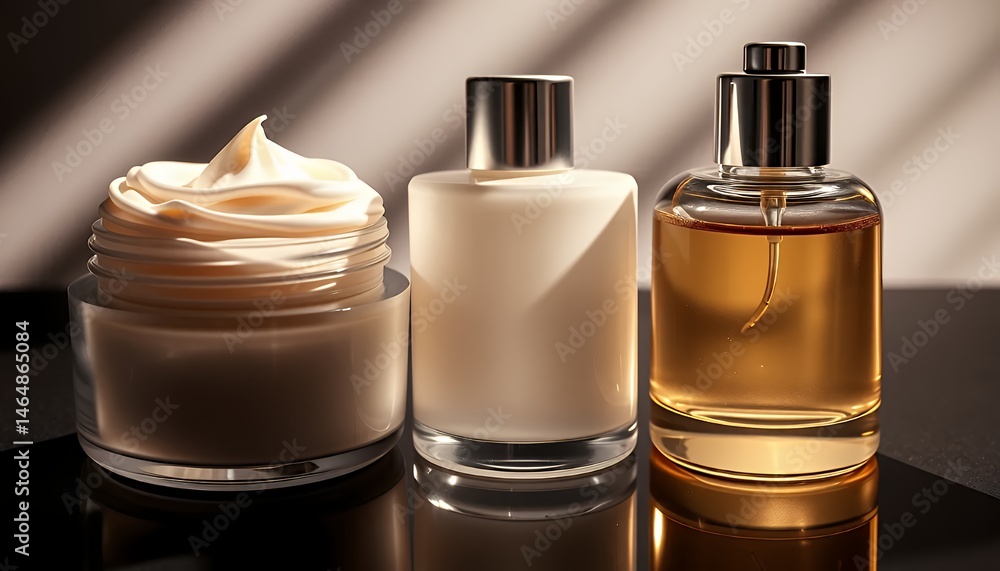 Studio Shot of Beige Cream White Lotion and Golden Serum with Silver Caps on Black Reflective Surface Studio Shot of Beige Cream White Lotion and Golden Serum with Silver Caps on Black Reflective Surface