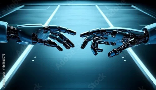 Detailed Robotic Hands Reaching Toward Each Other Over Futuristic Surface with Cold Lighting