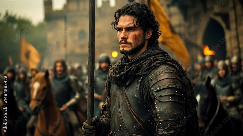 A determined warrior stands ready for battle amidst a medieval army in the background A determined warrior stands ready for battle amidst a medieval army in the background