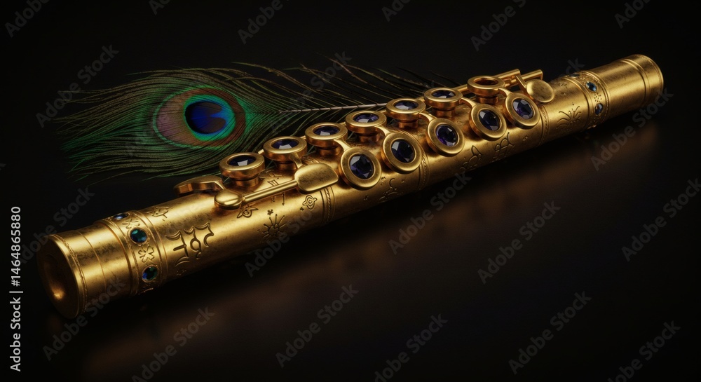Naklejka premium Ornate Golden Flute Resting with a Peacock Feather on Black Background