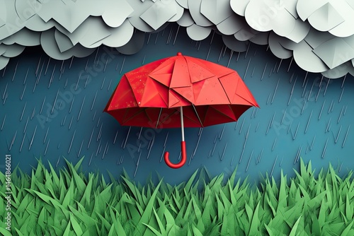 Red umbrella in a storm, protecting from rain