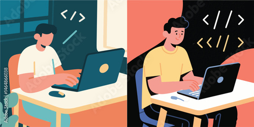 Two illustrations vector  depict coders at their desks working on laptops, symbols above their heads to suggest coding.