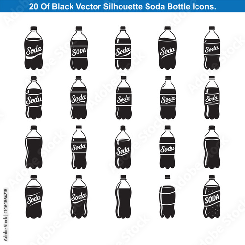 Twenty Black Soda Bottle Icons Silhouette vector collection.