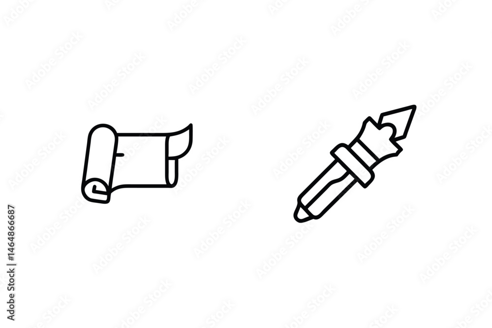 Fototapeta premium Simple black and white icons of a rolled scroll and ink pen for various applications