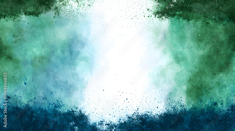 Fototapeta premium Sponged blue and green vintage grunge paper with bright white center and wavy water border effect 