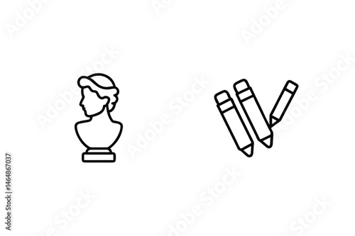 Classic sculpture and pencils black and white minimalist illustration on clean white background