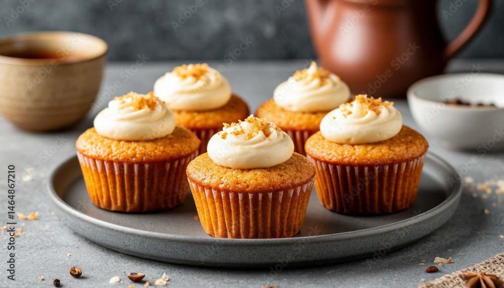 Canele, Small cupcakes with vanilla, rum and caramel flavors, on table, on gray background, professional photography, AI generated. Canele, Small cupcakes with vanilla, rum and caramel flavors, on table, on gray background, professional photography, AI generated.