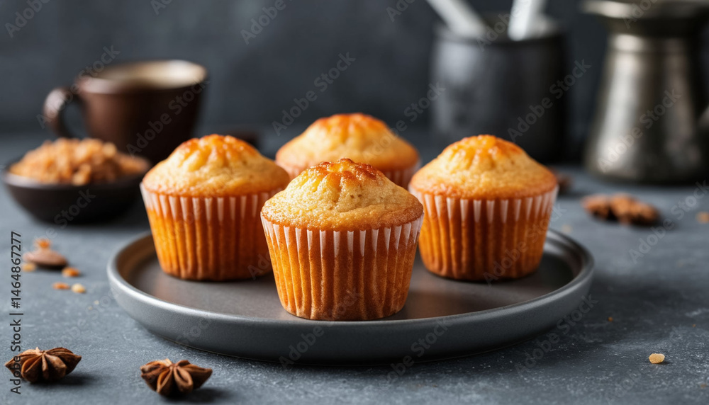 Canele, Small cupcakes with vanilla, rum and caramel flavors, on table, on gray background, professional photography, AI generated. Canele, Small cupcakes with vanilla, rum and caramel flavors, on table, on gray background, professional photography, AI generated.