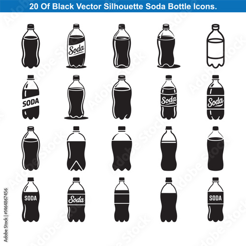 Twenty Black Soda Bottle Icons Silhouette vector collection.