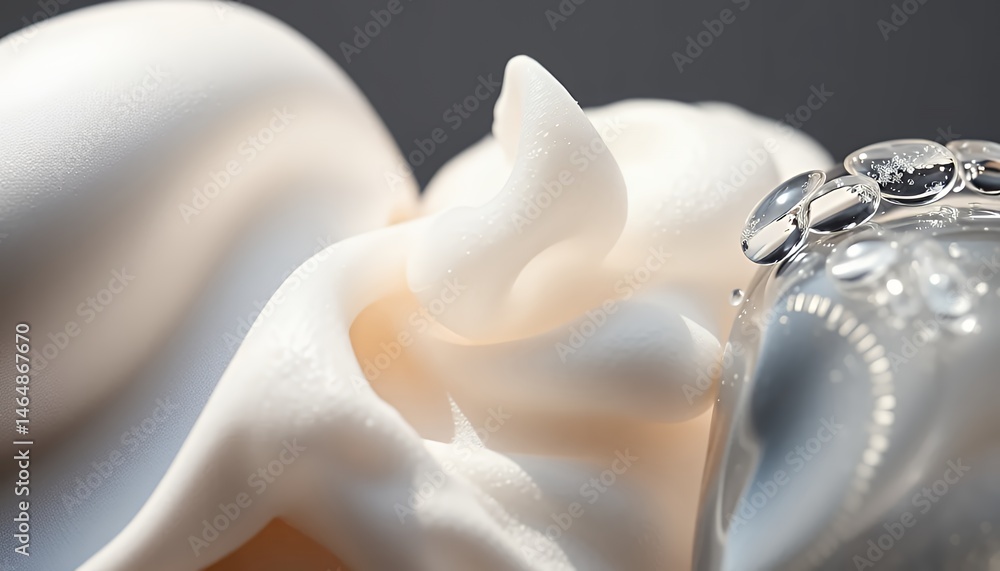 White Voluminous Foam Texture Close Up with Clear Vessel in Bright Studio Lighting White Voluminous Foam Texture Close Up with Clear Vessel in Bright Studio Lighting