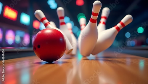 Red bowling ball striking white pins in motion