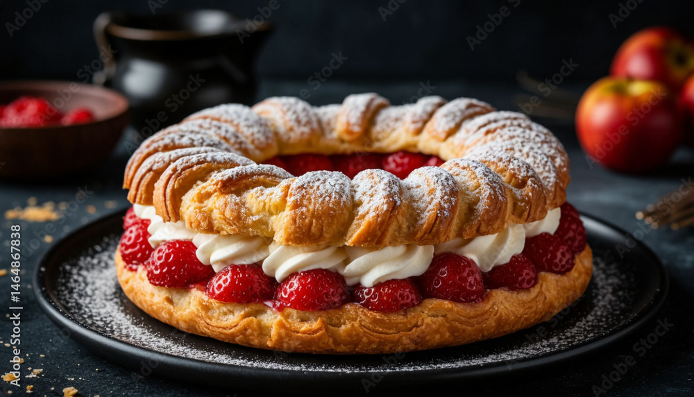Paris-Brest cake (Le Paris-Brest), on dark background, professional photography, AI Generated. Paris-Brest cake (Le Paris-Brest), on dark background, professional photography, AI Generated.