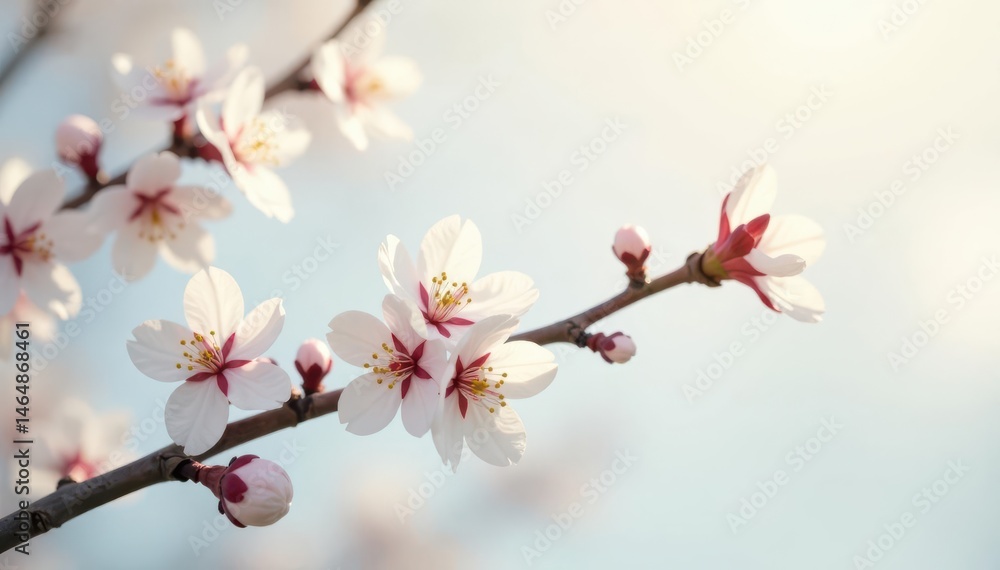 Obraz premium Fragile white cherry blossom sprigs on seamless white Soft, diffused light , artistic, flower