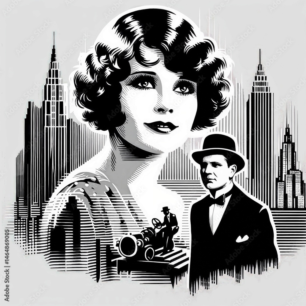 Vintage couple dressed in 1920s attire with city skyline backdrop