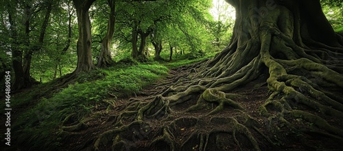 Lush forest floor with extensive tree roots