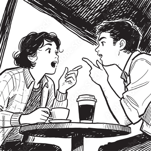 A black and white graphic vector depicts a man and woman arguing at an outdoor cafe table.