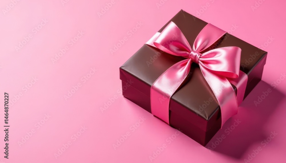 Pink satin ribbon adorns a chocolate box, overhead view Pink background , pink background, luxury Pink satin ribbon adorns a chocolate box, overhead view Pink background , pink background, luxury