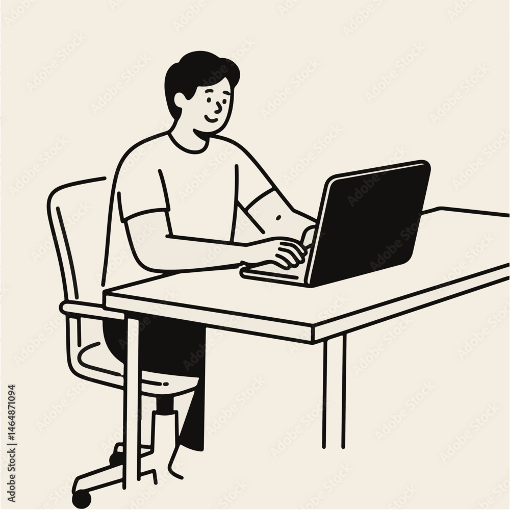 A person vector sits at a desk typing on a laptop. A person vector sits at a desk typing on a laptop.