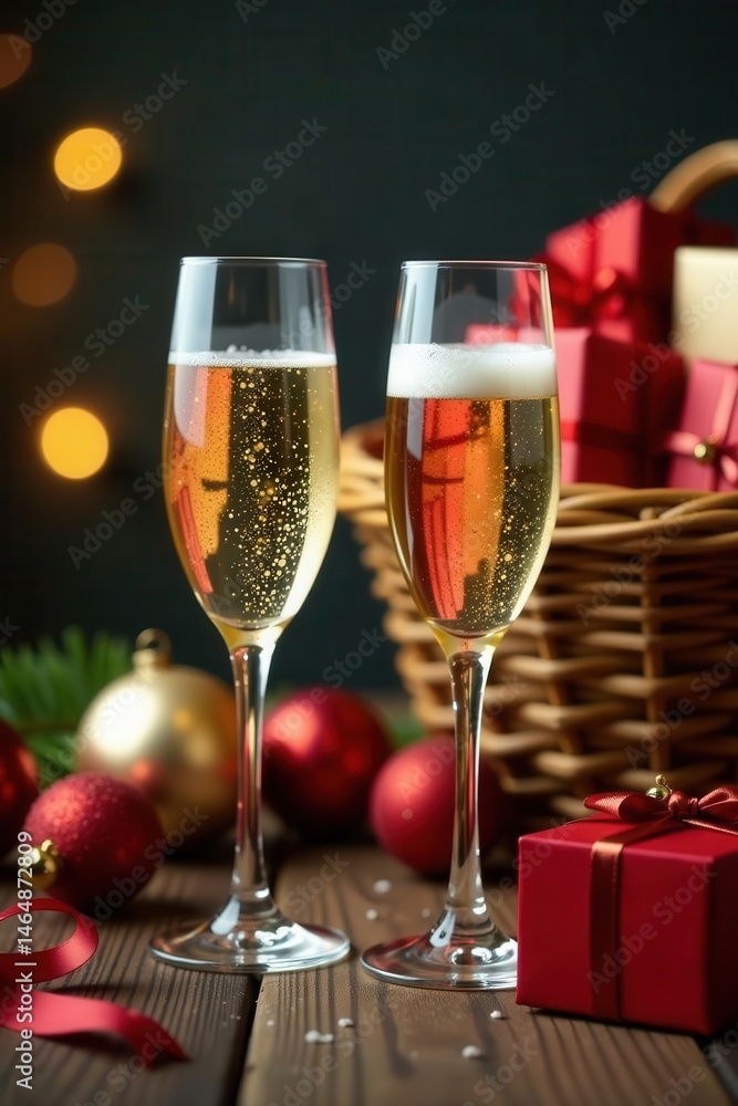 Two glasses of champagne near a Christmas basket overflowing with gifts , champagne, wood, luxury Two glasses of champagne near a Christmas basket overflowing with gifts , champagne, wood, luxury