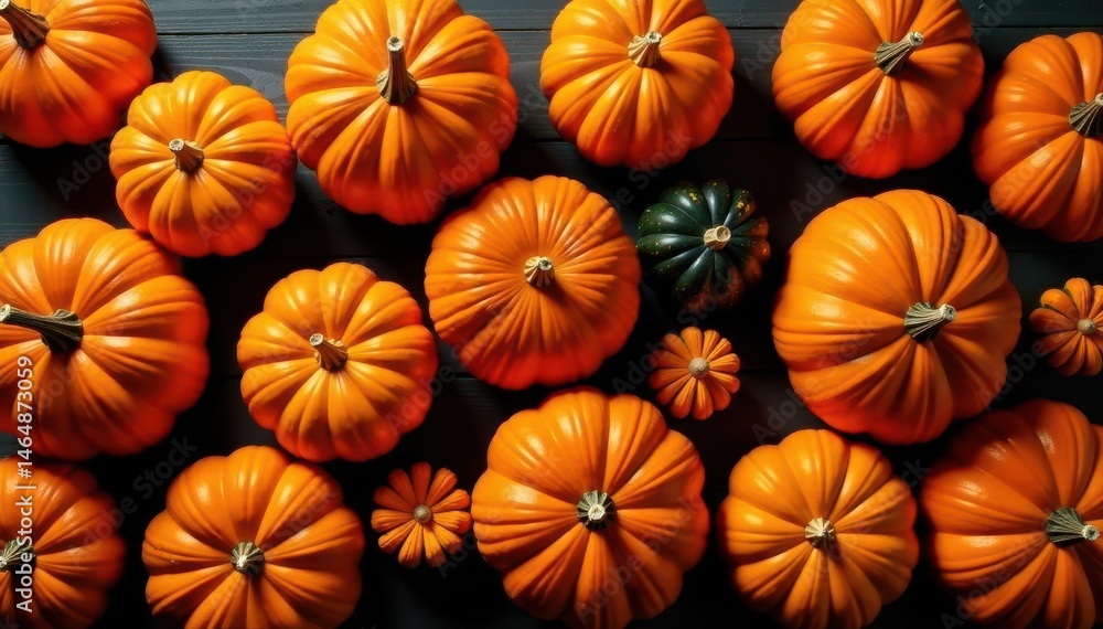 Fototapeta premium Vibrant orange pumpkins carved as jack-o'-lanterns, autumnal flatlay , halloween, halloween decorations