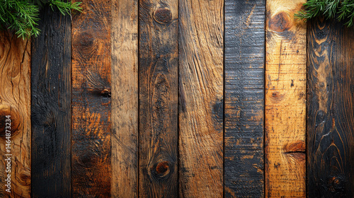 A flat lay of a rustic wooden surface, its grain visible and warm to the touch, offering a neutral backdrop for product display or graphic design 