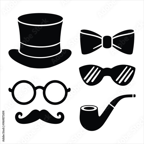 Vintage Accessories Vector. Hat, Glasses, Bow Tie, Pipe and Mustache Icons.