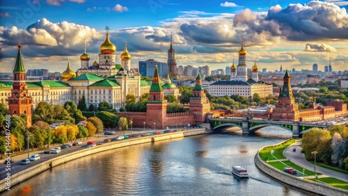 Moscow kremlin and the moscow river panoramic view under a beautiful sunny sky