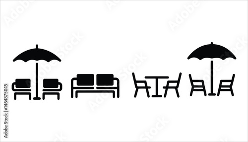 Outdoor Furniture with Umbrella Icons Bench and Table Set with Umbrella