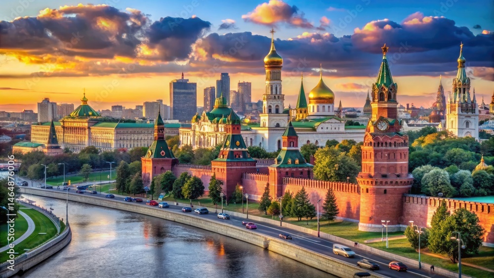 Obraz premium Scenic view of moscow kremlin buildings and cityscape at sunset with river