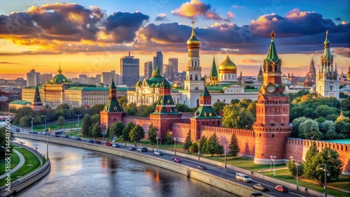 Scenic view of moscow kremlin buildings and cityscape at sunset with river